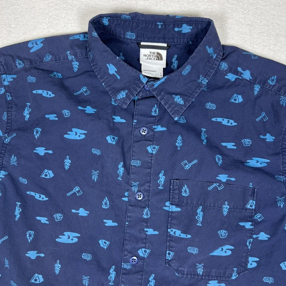 The North Face Shirt Mens Large Blue‎ Camping Graphic Short Sleeve Button Up